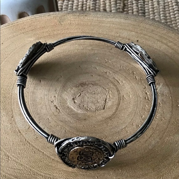NEW Western Boho Wire Wrapped Bracelet 3-Faux Coin Rustic Mixed Metal Brutalist - Picture 9 of 12